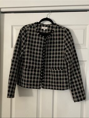 LOFT Black and White Plaid Collarless Tweed Jacket
